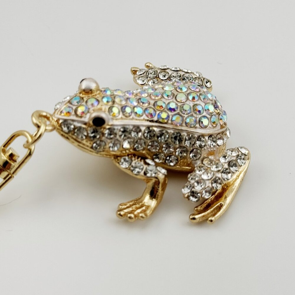Large white or clear crystal Frog keychain, new, gold tone